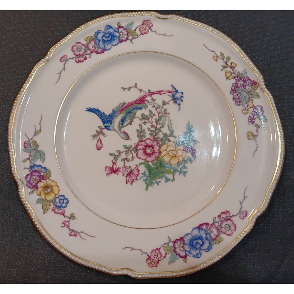 Castleton China Phoenix Dinner Plate 10.75 Bird of Paradise Floral Gold Trim USA